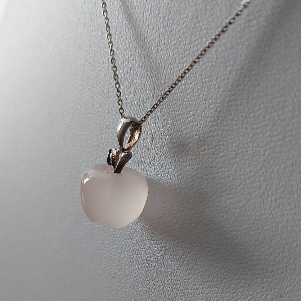 Dainty Rose Quartz Apple Pendant Necklace 925 Sterling Silver Chain - Picture 2 of 16